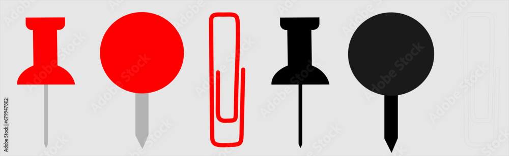 Pins and paper clips collection. Note paper with pin, binder clip, push pin, Blank sheet. Vector illustration. Pins and paper clips collection. Note paper with pin, binder clip, push pin, Blank sheet. Vector illustration.