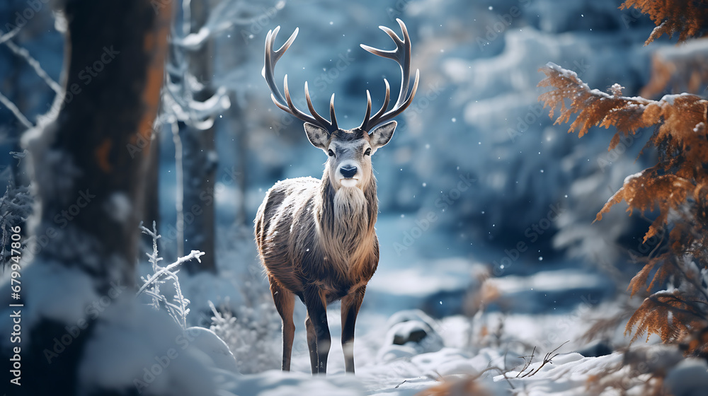 deer in the winter with the snow and tree deer in the winter with the snow and tree