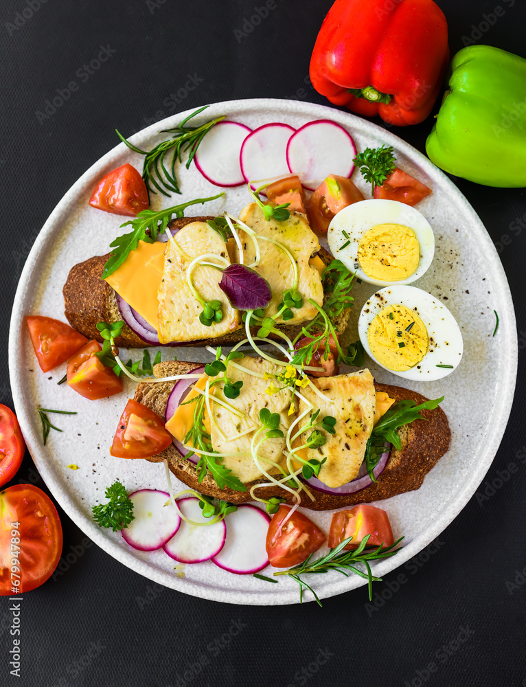 toast with chicken breast, onion and vegetables on a white plate close up toast with chicken breast, onion and vegetables on a white plate close up