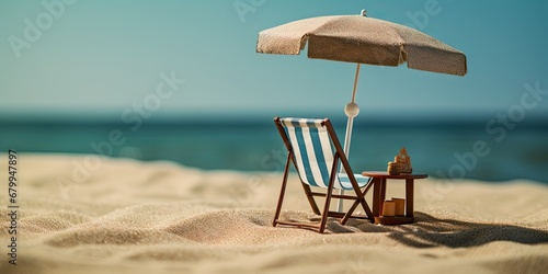 miniature beach chair on the beach with an umbrella, generative AI photo