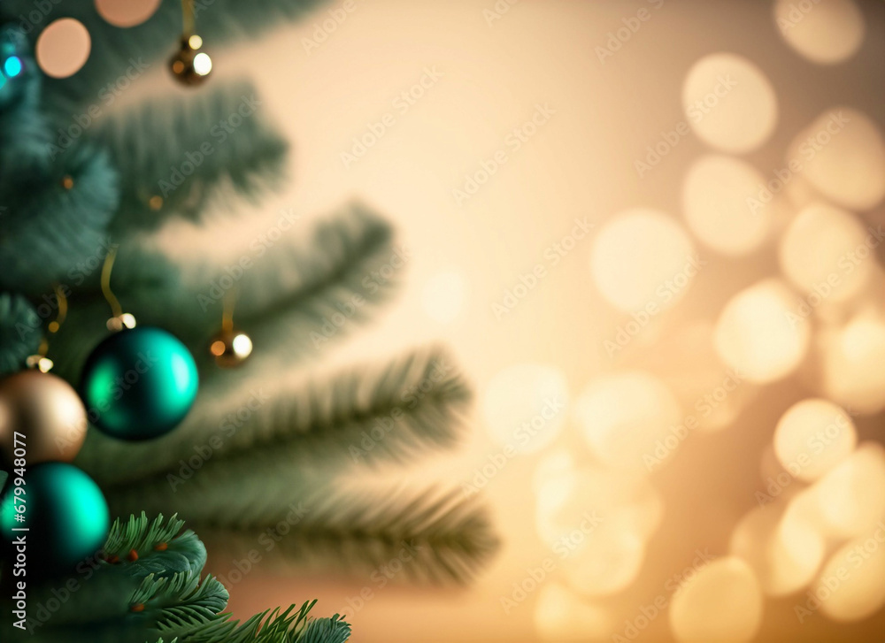 Christmas background with decorative fir tree on blurred neon light background with bokeh