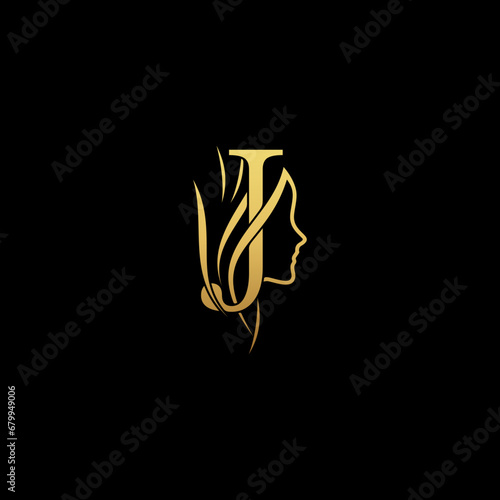 gold colored initial J combined with female face indicating beauty use for salon, hair, business, logo, design, vector, company, branding, and more