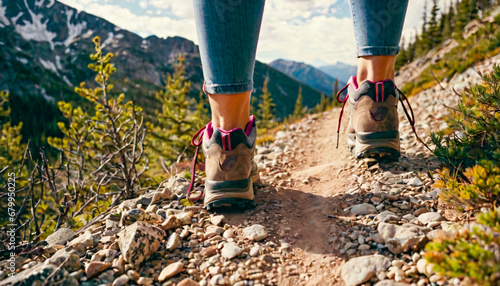 Female hiker legs on the trail in the mountains. Hiking concept.