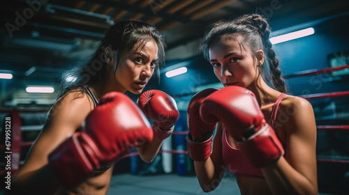 Two boxer girls before a boxing fight on the ring