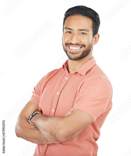 Man, smile and portrait confidence for fashion or cool style, positive or isolated on transparent png background. Asian person, face and happy as clothes outfit or casual trends, pose or arms crossed