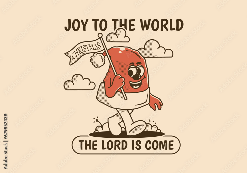 Joy to the world the Lord is come. Mascot character illustration of walking Christmas hat