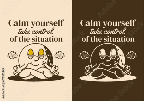 Calm yourself, take control of the situation. Mascot character of golf ball in meditation pose