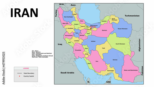 Iran Map. Iran Political Map with capital Tehran  national borders  most important cities and lakes. English labeling and scaling. Illustration.