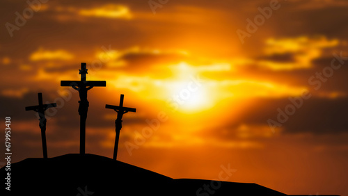 The Crucifixion Of Jesus Christ in twilight sky 3d rendering.