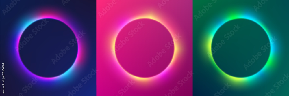 Obraz premium Set of blue, red-purple, green round frame design. Abstract 3D cosmic vibrant color circle backdrop. Collection of glow neon color on geometric background with copy space. Top view. futuristic style.