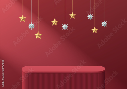 3D christmas background. Red cylinder pedestal podium with golden star and christmas elements scene. Abstract composition in minimal design. Platforms for product display presentation. Stage showcase.