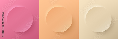 Set of pink, light orange and beige 3D round circle board frames pastel background. Abstract realistic 3D pedestal minimal scene product display in top view design. Geometric design with copy space.