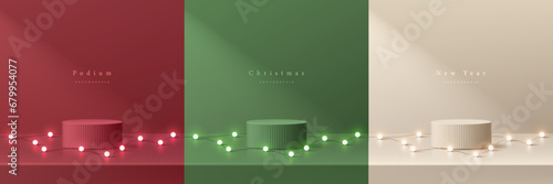 Set of 3D christmas podium background in red, cream and green color with neon light bulb on