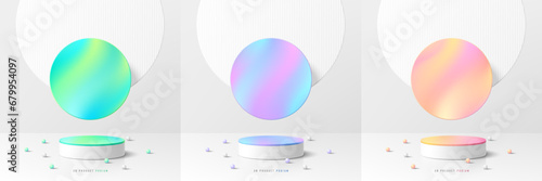Set of 3D white cylinder podium background with green, blue and pink floating in round backdrop scene. Platforms product display presentation. Abstract composition in minimal design. Stage showcase.