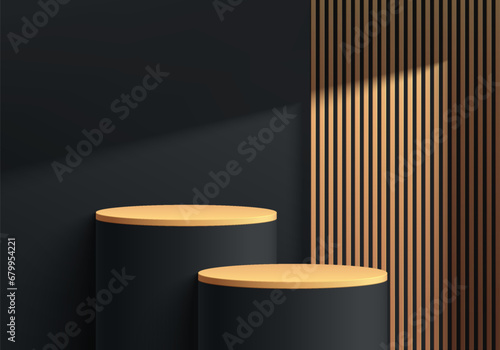 Abstract 3D black, gold cylinder podium pedestal with golden vertical stripes and shadow. Luxury dark minimal wall scene. Modern vector rendering geometric platform for product display presentation.