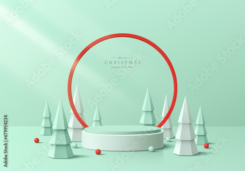 3D christmas podium background. Green cylinder podium with circle red frame backdrop, christmas tree scene. Platforms mockup product display presentation. Abstract composition minimal. Stage showcase