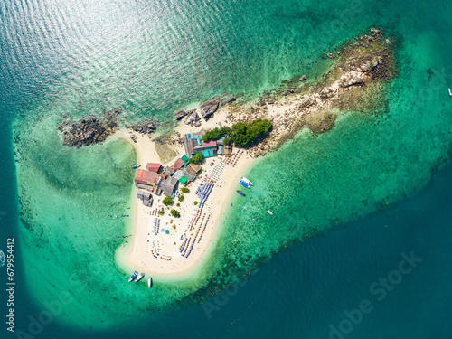 Aerial view drone shot of Amazing small island beautiful tropical sandy beach landscape view at koh Khai maew Island in Phang Nga Thailand,Amazing small island with many Cats live in small island