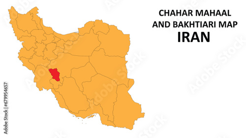 Iran Map. Chahar Mahaal and Bakhtiari Map highlighted on the Iran map with detailed state and region outlines. photo