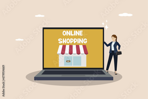 Online shopping, online shop promotion, business promotion via social media, online business concept, businesswoman promoting online shop on computer.