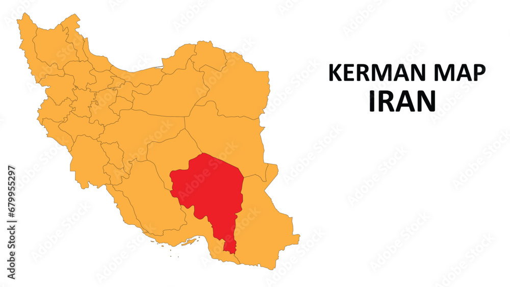 Obraz premium Iran Map. Kerman Map highlighted on the Iran map with detailed state and region outlines.