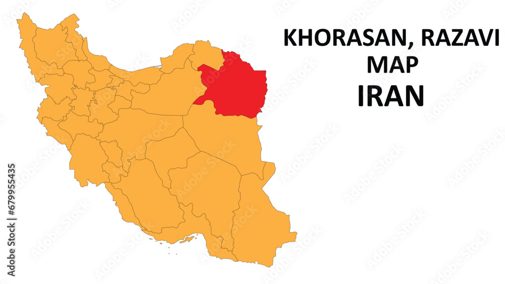 Iran Map. Khorasan Razavi Map highlighted on the Iran map with detailed state and region outlines.