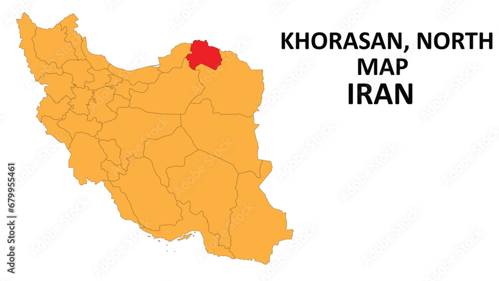 Iran Map. Khorasan Razavi Map highlighted on the Iran map with detailed state and region outlines.