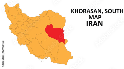 Iran Map. Khorasan South Map highlighted on the Iran map with detailed state and region outlines.