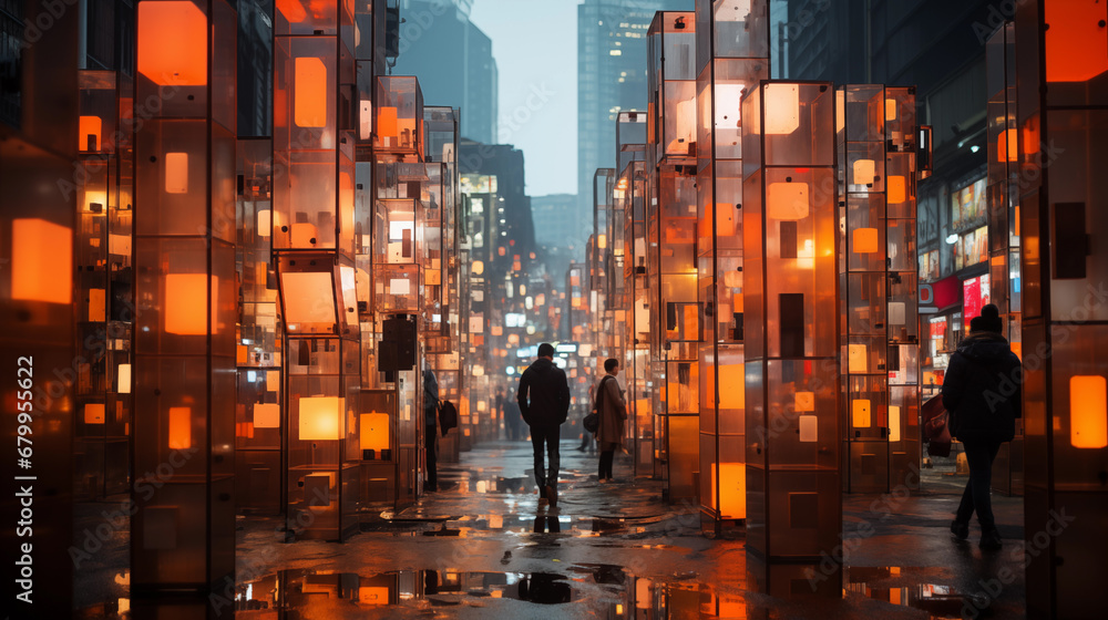 People walking in surreal abstract city background