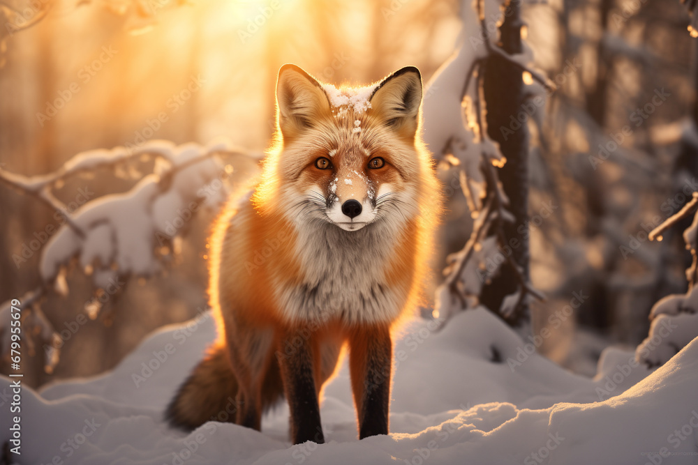 Obraz premium fox in a snowy forest at sunset