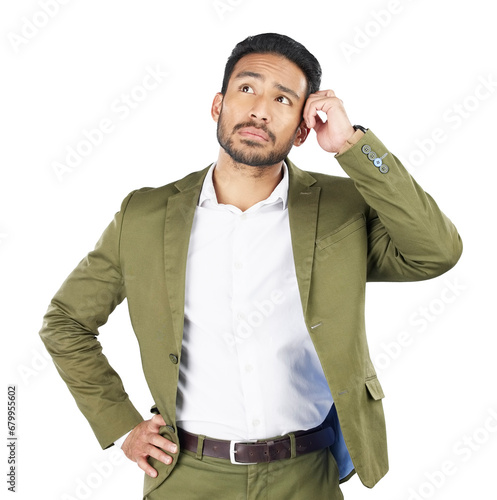 Canvas Print Business, man and thinking of ideas for choice, problem solving and brainstorming isolated on transparent png background