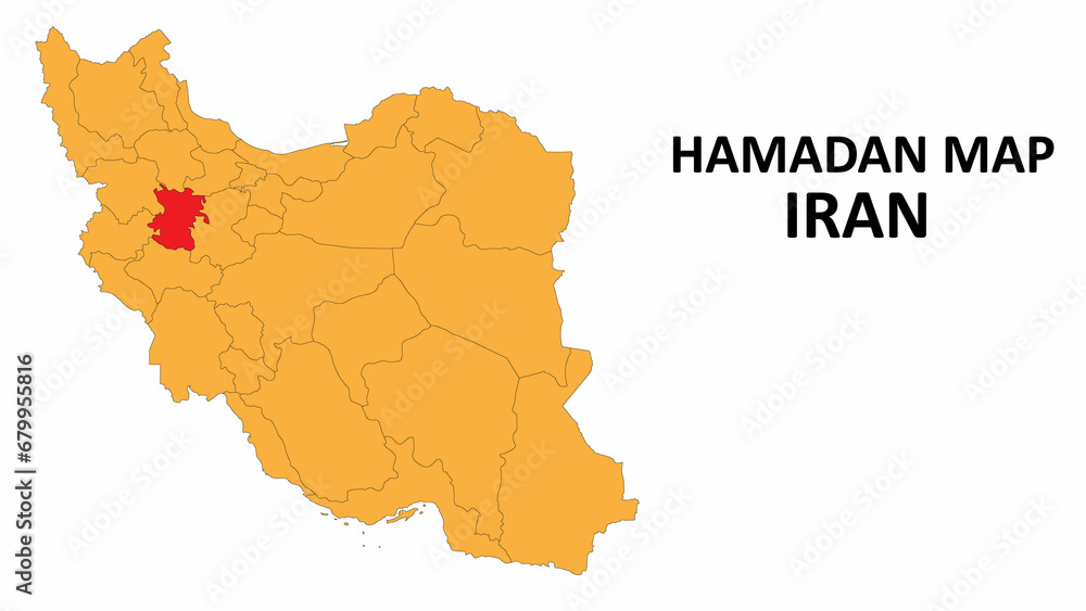 Obraz premium Iran Map. Hamadan Map highlighted on the Iran map with detailed state and region outlines.