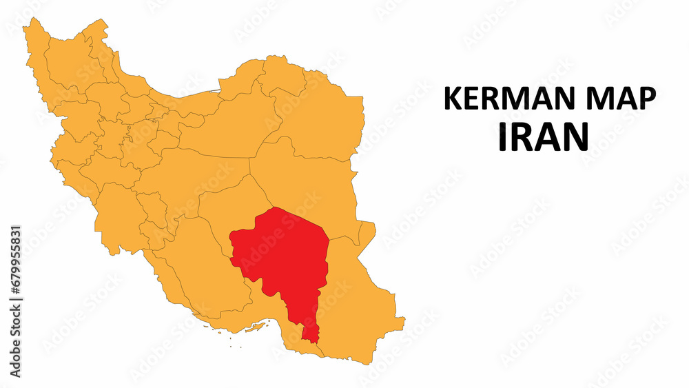 Iran Map. Kerman Map highlighted on the Iran map with detailed state and region outlines.