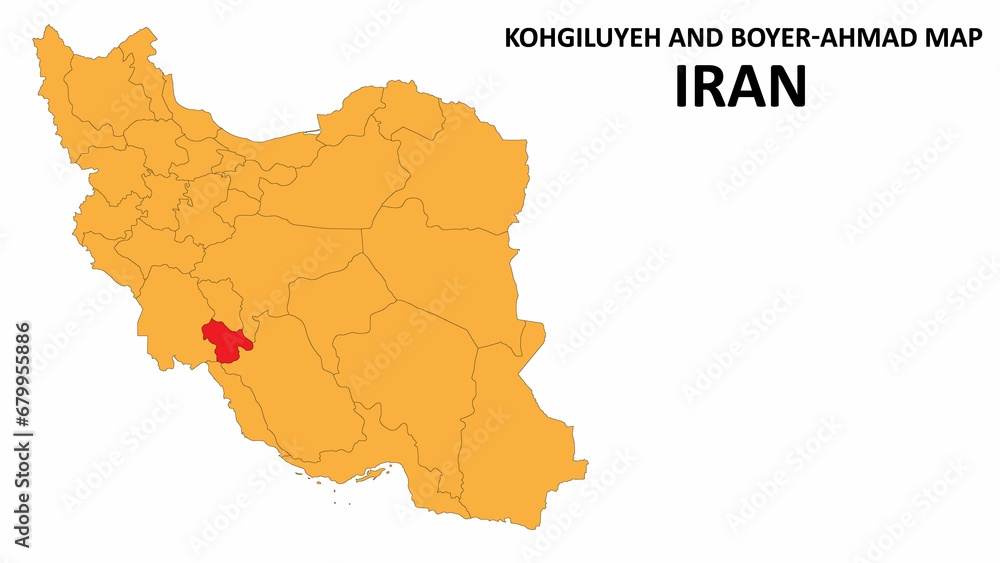 Iran Map. Kohgiluyeh and Boyer Ahmad Map highlighted on the Iran map with detailed state and region outlines.