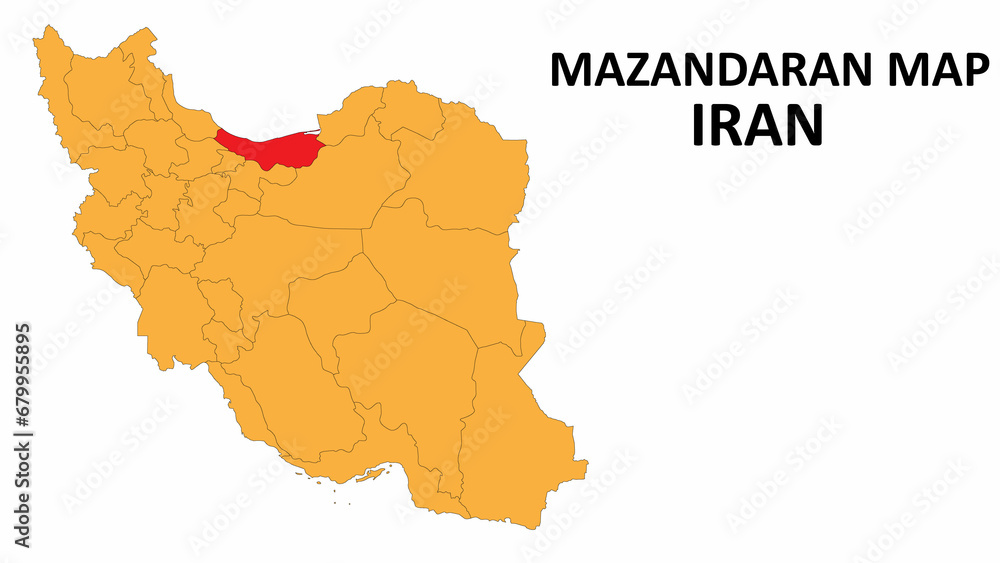 Iran Map. Mazandaran Map highlighted on the Iran map with detailed state and region outlines.