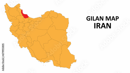 Iran Map. Gilan Map highlighted on the Iran map with detailed state and region outlines. photo