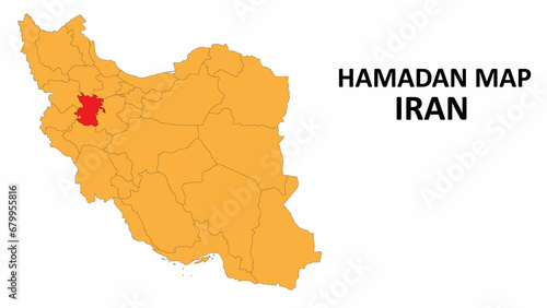 Iran Map. Hamadan Map highlighted on the Iran map with detailed state and region outlines. photo