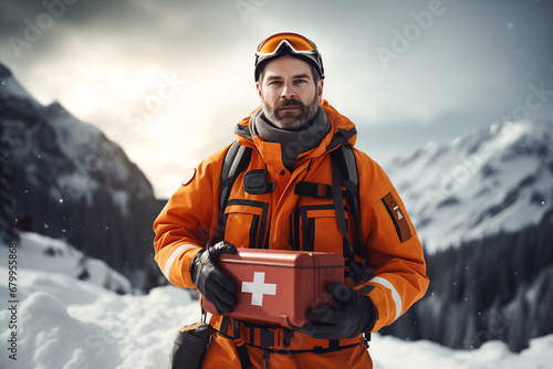 Wallpaper Mural High-altitude medic in uniform holding an orange medical first aid kit on a snowy mountain slope Torontodigital.ca