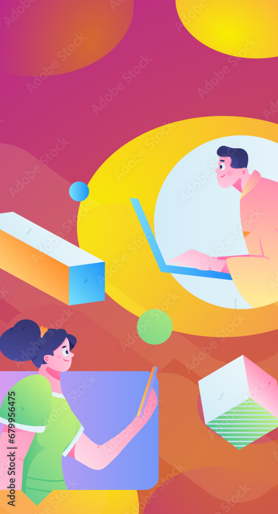 Virtual characters social communication concept business flat vector hand drawn illustration
