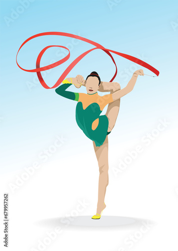 Rhythmic gymnastics the girl with a tape. 3d vector illustration