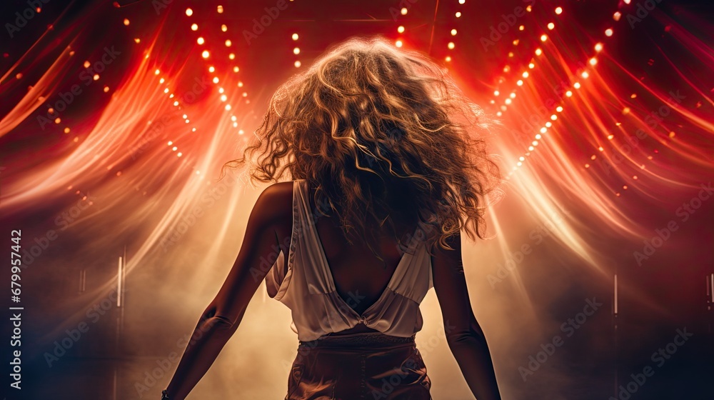 Back view of young woman dancing in nightclub with lights on background Back view of young woman dancing in nightclub with lights on background