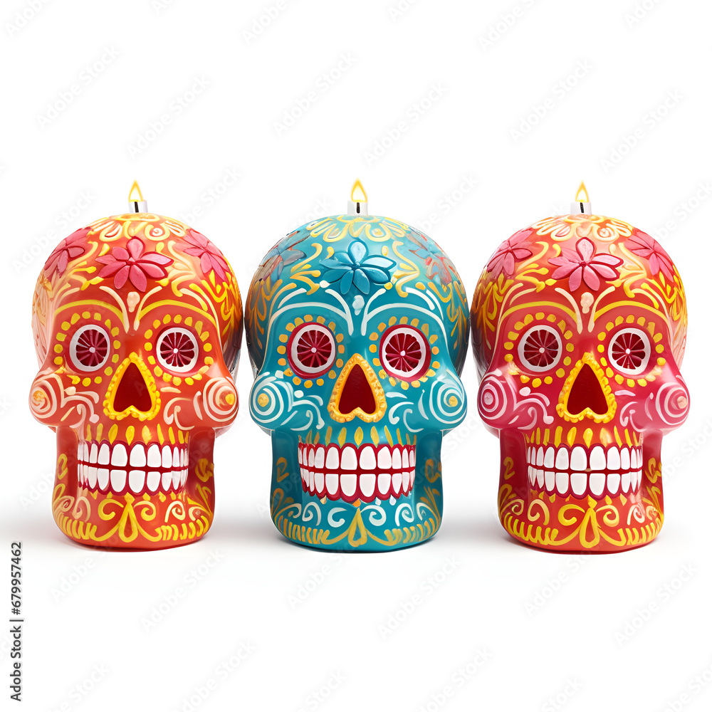 set of four human skull isolated on white background, skull with flowers, Dead day party, sugar skull or halloween holiday. Traditional mexican music festival. Halloween Dia De Los Muertos Celebrati

