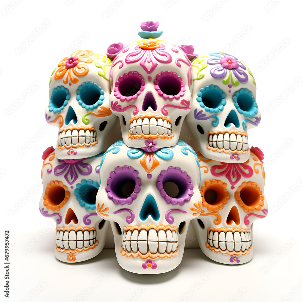 Day of the dead isolated on transparent background, Generative ai. Traditional Calavera, ornate Sugar Skull isolated on white background. The day of the dead symbol, Skull shaped cookies with marigo

