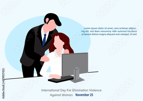 Poster campaign of International day for the elimination of Violence Against Women in cartoon character with workplace harassment concept and example texts on blue background.