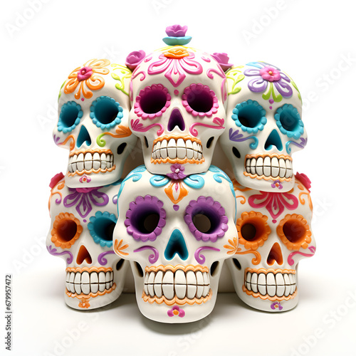 Day of the dead isolated on transparent background, Generative ai. Traditional Calavera, ornate Sugar Skull isolated on white background. The day of the dead symbol, Skull shaped cookies with marigo