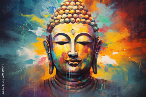 Painting of glowing buddha with abstract background