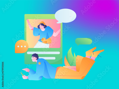 Virtual characters social communication concept business flat vector hand drawn illustration
