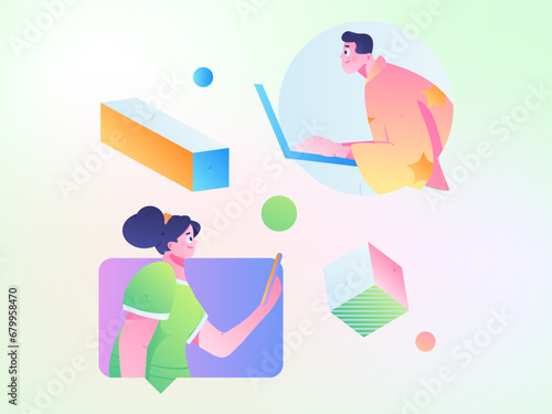 Virtual characters social communication concept business flat vector hand drawn illustration
