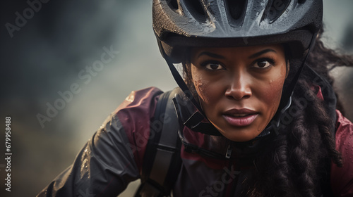 Portrait of a courageous self-confident African american woman riding her mountain bike along a trail in a misty karst landscape © mikhailberkut