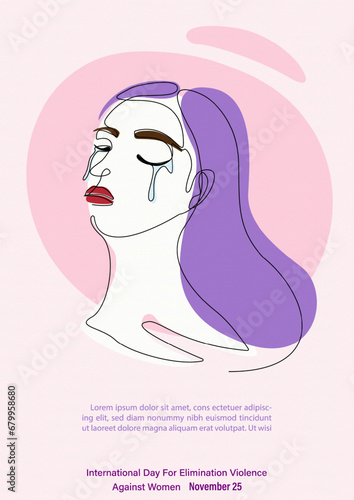 Face of woman crying in one line and flat style with wording of International day for the elimination of Violence Against Women, example texts and pink abstract circle background.