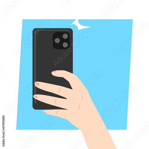 hand holding a smartphone while taking a photo. technology concept, photography. flat style vector illustration.